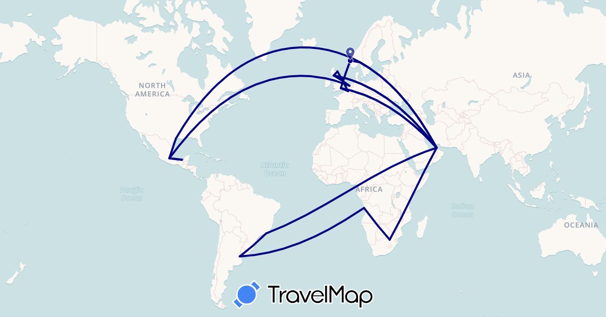 TravelMap itinerary: driving in United Arab Emirates, Angola, Argentina, Belgium, Brazil, United Kingdom, Mexico, Netherlands, Norway, United States, South Africa (Africa, Asia, Europe, North America, South America)